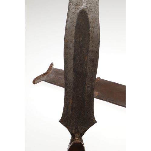 99 - A SALAMPASU KNIFE AND SCABBARD FROM SOUTHERN ZAIRE. The 45 cm blade of irregular outline with pointe... 