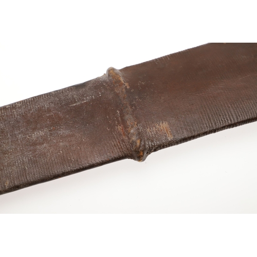 99 - A SALAMPASU KNIFE AND SCABBARD FROM SOUTHERN ZAIRE. The 45 cm blade of irregular outline with pointe... 