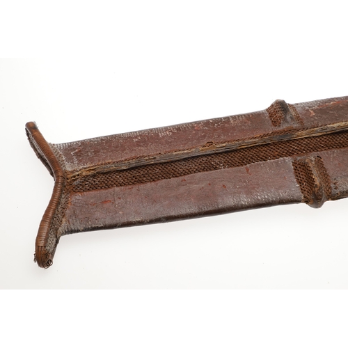 99 - A SALAMPASU KNIFE AND SCABBARD FROM SOUTHERN ZAIRE. The 45 cm blade of irregular outline with pointe... 