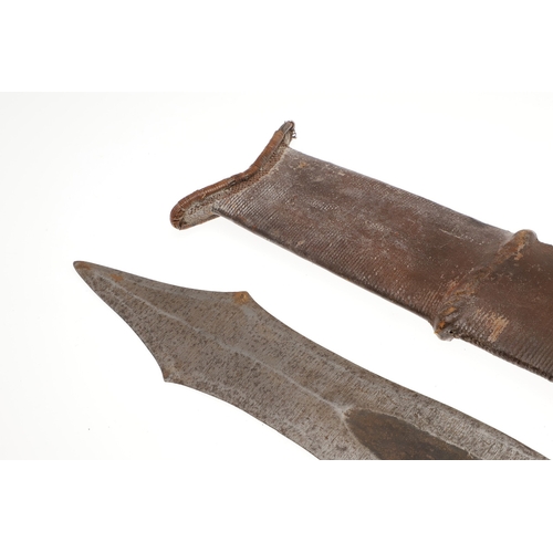 99 - A SALAMPASU KNIFE AND SCABBARD FROM SOUTHERN ZAIRE. The 45 cm blade of irregular outline with pointe... 