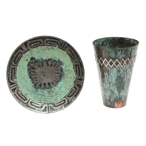 104 - GRAZIELLA LAFFI. TWO COPPER AND SILVER PERUVIAN STYLE ART PIECES. To include a plate (Diameter 25cm)... 