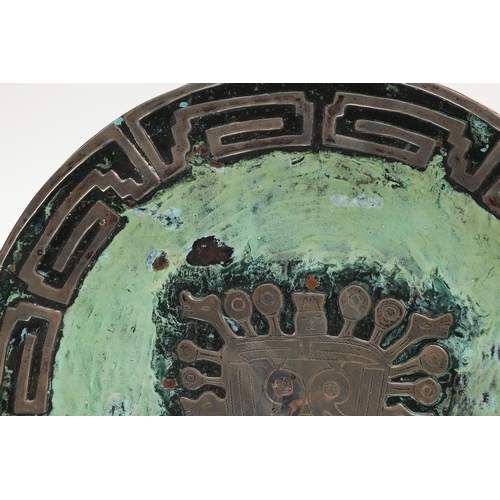 104 - GRAZIELLA LAFFI. TWO COPPER AND SILVER PERUVIAN STYLE ART PIECES. To include a plate (Diameter 25cm)... 