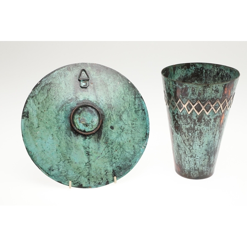 104 - GRAZIELLA LAFFI. TWO COPPER AND SILVER PERUVIAN STYLE ART PIECES. To include a plate (Diameter 25cm)... 