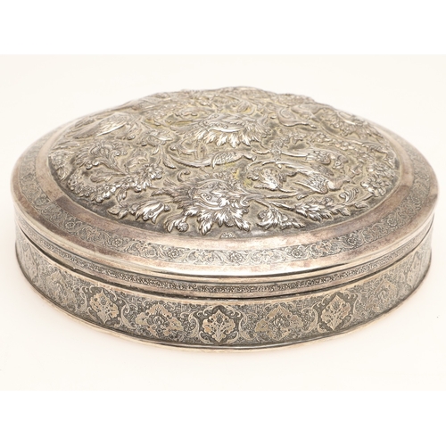 105 - A PERSIAN 875 SILVER BOX. Circular shape, the lid repoussé decorated cranes amongst trailing flowers... 