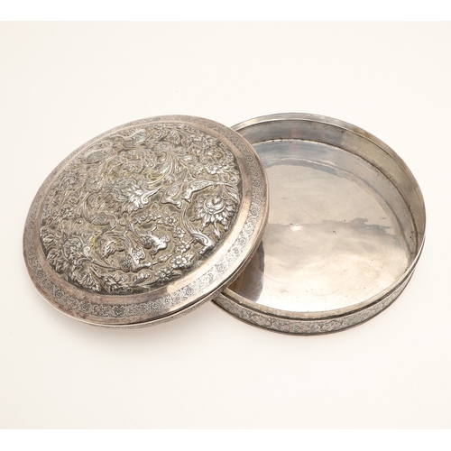 105 - A PERSIAN 875 SILVER BOX. Circular shape, the lid repoussé decorated cranes amongst trailing flowers... 