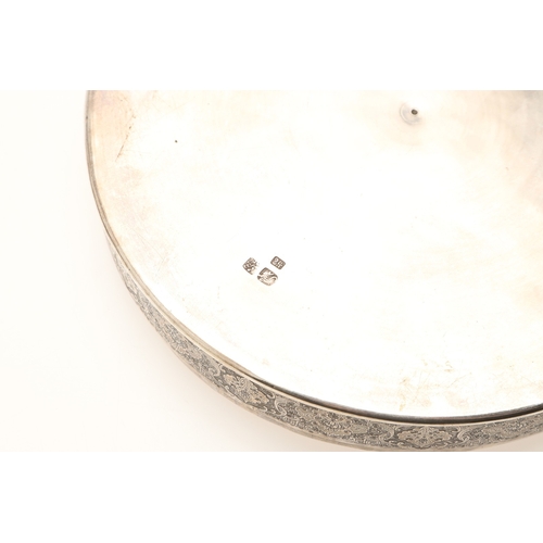 105 - A PERSIAN 875 SILVER BOX. Circular shape, the lid repoussé decorated cranes amongst trailing flowers... 