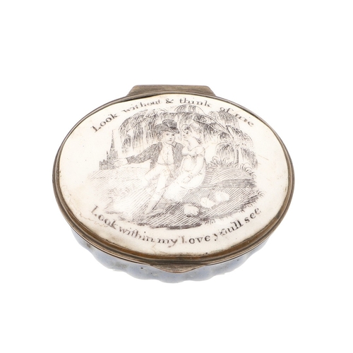 106 - A STAFFORDSHIRE ENAMEL PILL BOX. the cover inscribed' Look without & think of me Look within my Love... 