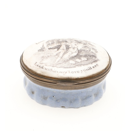 106 - A STAFFORDSHIRE ENAMEL PILL BOX. the cover inscribed' Look without & think of me Look within my Love... 