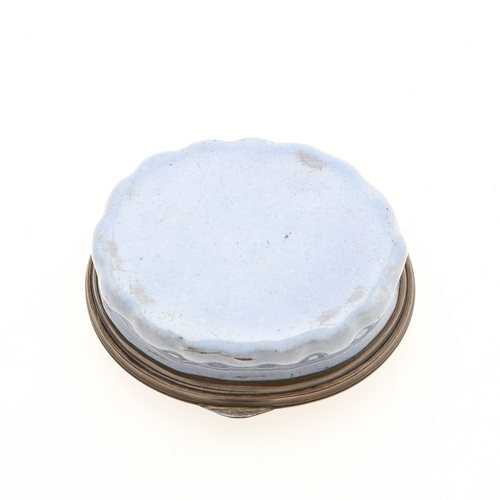 106 - A STAFFORDSHIRE ENAMEL PILL BOX. the cover inscribed' Look without & think of me Look within my Love... 