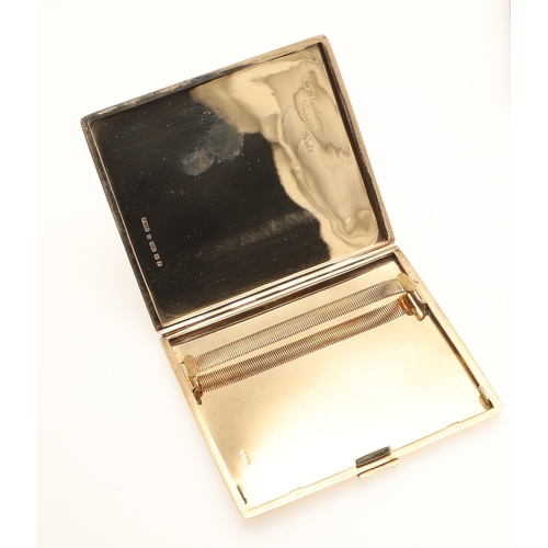 110 - A 9CT. GOLD CIGARETTE CASE. engine turned and engraved with initials ETH, 9.5 x 8.25 cm, 116 grams. ... 