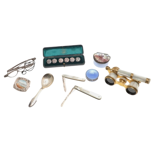 111 - MISCELLANEOUS OBJECTS OF VERTU. including a set of six silver buttons 1907 , a pair of silver framed... 