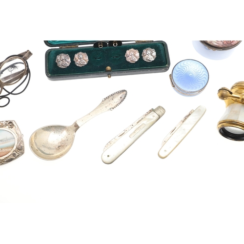 111 - MISCELLANEOUS OBJECTS OF VERTU. including a set of six silver buttons 1907 , a pair of silver framed... 
