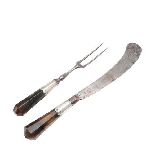 113 - AN 18TH CENTURY AGATE HANDLED STEEL BLADED KNIFE AND FORK. The blade of the knife with makers marks,... 