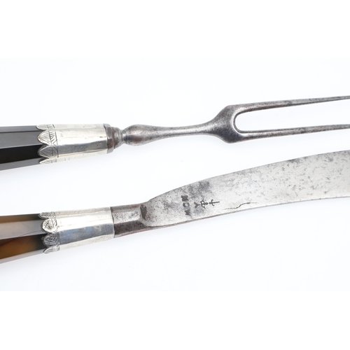 113 - AN 18TH CENTURY AGATE HANDLED STEEL BLADED KNIFE AND FORK. The blade of the knife with makers marks,... 