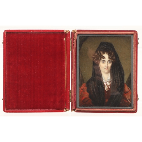 114 - CHARLES FOOT TAYLER. Miniature portrait of a lady wearing red dress with white collar and bow, her h... 