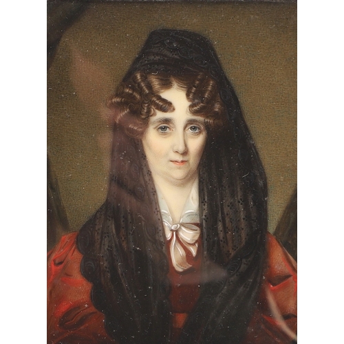 114 - CHARLES FOOT TAYLER. Miniature portrait of a lady wearing red dress with white collar and bow, her h... 