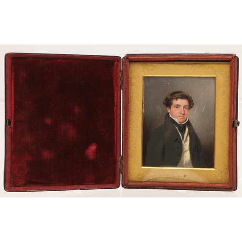 115 - CONTINENTAL SCHOOL C. 1830. A miniature portrait of a lady and of a  gentleman, she seated wearing w... 