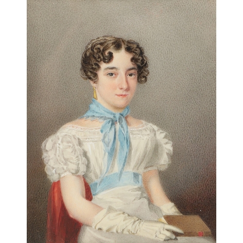 115 - CONTINENTAL SCHOOL C. 1830. A miniature portrait of a lady and of a  gentleman, she seated wearing w... 