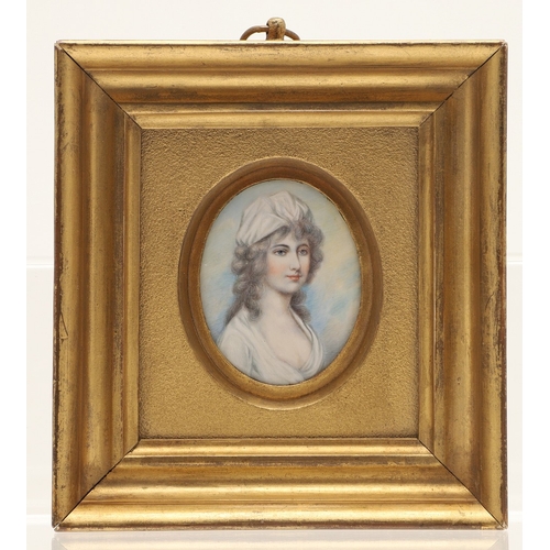 116 - MANNER OF ANDREW PLIMER(1763-1837). Miniature portrait of a lady with powdered hair wearing white dr... 