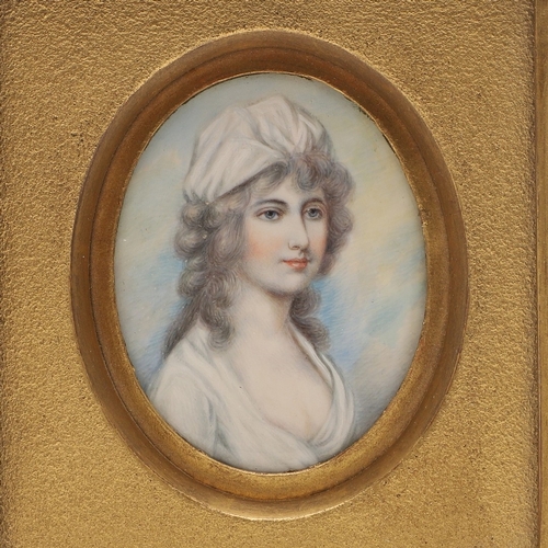 116 - MANNER OF ANDREW PLIMER(1763-1837). Miniature portrait of a lady with powdered hair wearing white dr... 