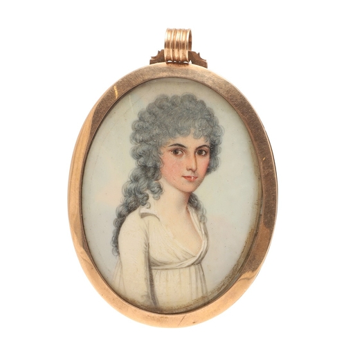 119 - FREDERICK BUCK (IRISH 1771 - C. 1840). Miniature portrait of a young lady with grey powered hair wea... 