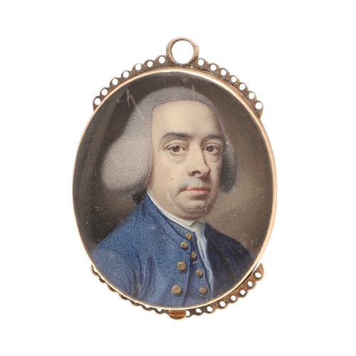 120 - RICHARD CROSSE (1742-1810). Miniature portrait of a gentleman wearing powdered bag wig and blue coat... 