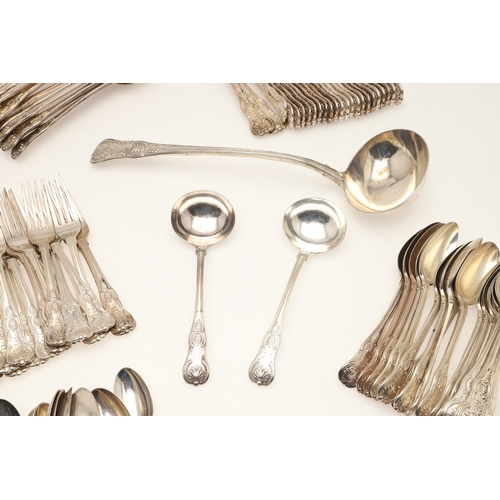 14 - A SET OF EARLY VICTORIAN SILVER KINGS HONEYSUCKLE PATTERN CUTLERY. To include: 
18 Table Spoons
18 D... 