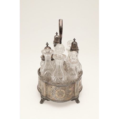 27 - A VICTORIAN SILVER SEVEN PIECE CRUET SET ON STAND. The stand with beaded border, pierced and engrave... 