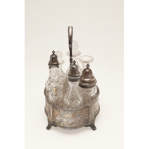 27 - A VICTORIAN SILVER SEVEN PIECE CRUET SET ON STAND. The stand with beaded border, pierced and engrave... 