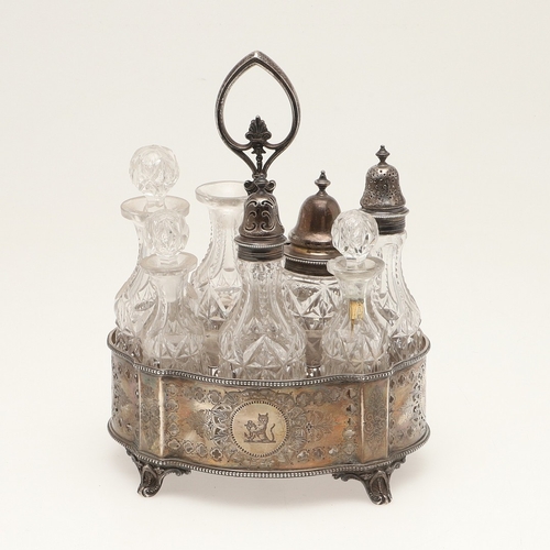 27 - A VICTORIAN SILVER SEVEN PIECE CRUET SET ON STAND. The stand with beaded border, pierced and engrave... 