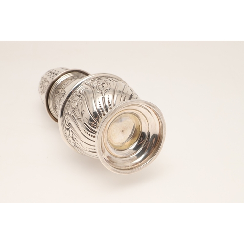 33 - A LARGE EDWARDIAN BALUSTER CASTER. On a spreading foot, the body embossed with floral and foliate de... 