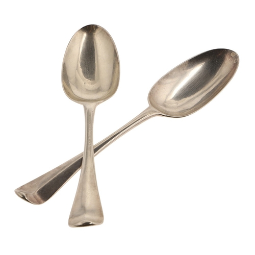 4 - A PAIR OF GEORGE II HANOVERIAN PATTERN SILVER TABLE SPOONS. With initials to the handles, hallmarked... 