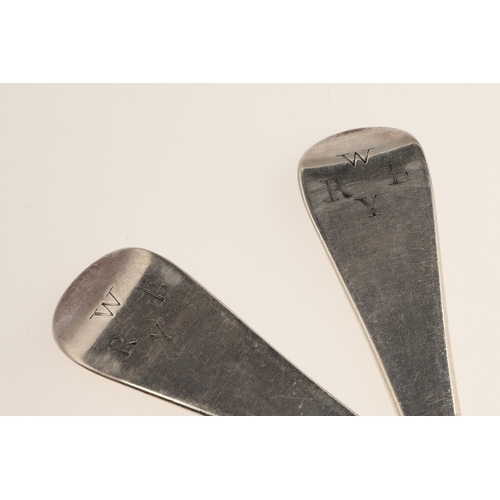 4 - A PAIR OF GEORGE II HANOVERIAN PATTERN SILVER TABLE SPOONS. With initials to the handles, hallmarked... 