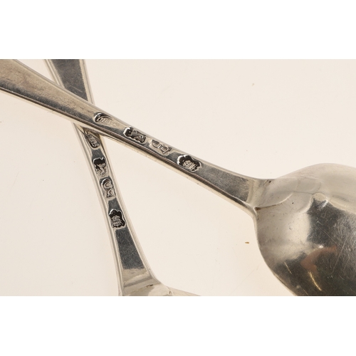4 - A PAIR OF GEORGE II HANOVERIAN PATTERN SILVER TABLE SPOONS. With initials to the handles, hallmarked... 