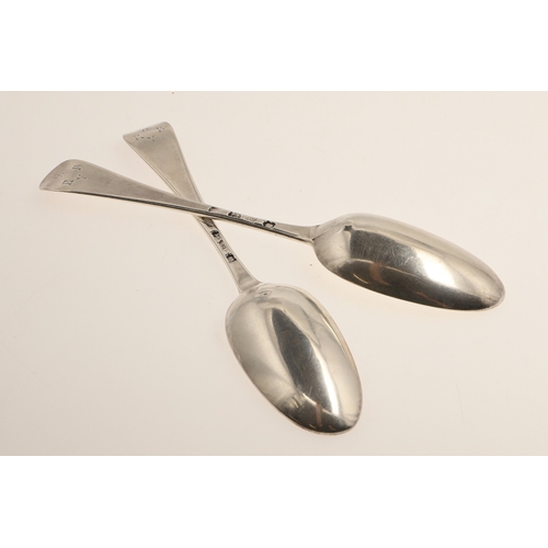 4 - A PAIR OF GEORGE II HANOVERIAN PATTERN SILVER TABLE SPOONS. With initials to the handles, hallmarked... 