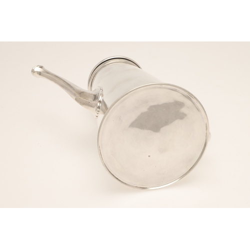 50 - A LATE VICTORIAN SILVER COFFEE POT. Of circular tapering form with carved fruitwood scroll handle an... 