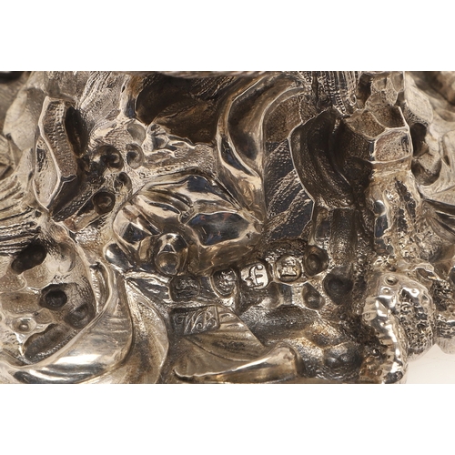 59 - A PAIR OF EARLY GEORGE IV SILVER SALTS IN THE FORM OF SEA SHELLS. On a cast naturalistic base, hallm... 