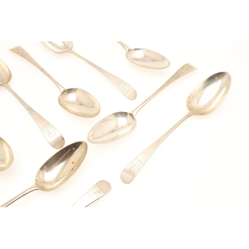 7 - A SET OF TEN GEORGE III OLD ENGLISH PATTERN SILVER TABLE SPOONS. All with engraved initials to the h... 
