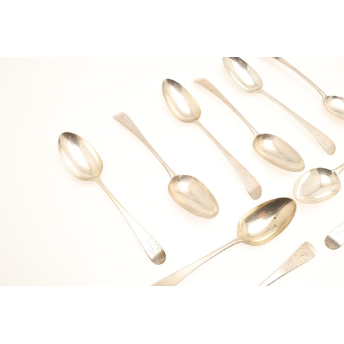 7 - A SET OF TEN GEORGE III OLD ENGLISH PATTERN SILVER TABLE SPOONS. All with engraved initials to the h... 