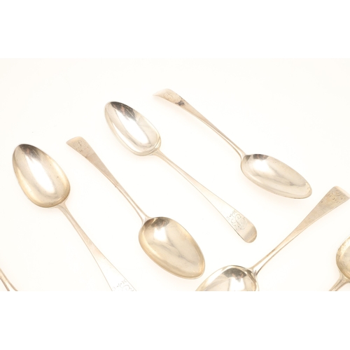 7 - A SET OF TEN GEORGE III OLD ENGLISH PATTERN SILVER TABLE SPOONS. All with engraved initials to the h... 
