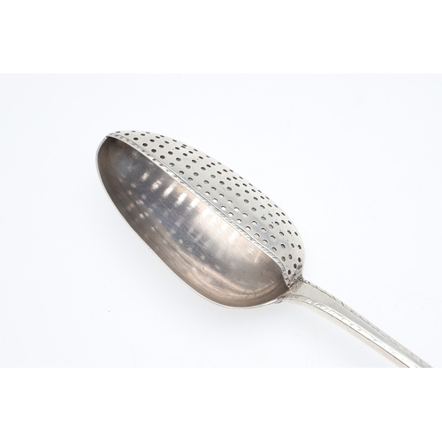 9 - A GEORGE III SILVER OLD ENGLISH FEATHER EDGE PATTERN STRAINING SPOON. With initials to the handle, h... 