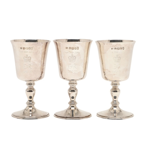 92 - A SET OF THREE BOXED QUEEN ELIZABETH II SILVER JUBILEE GOBLETS. Engraved with 'Royal Silver Jubilee ... 