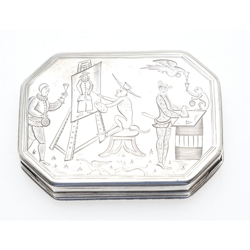 93 - AN 18TH CENTURY SILVER SNUFF BOX. Of octagonal form, the cover engraved with a coat of arms flanked ... 