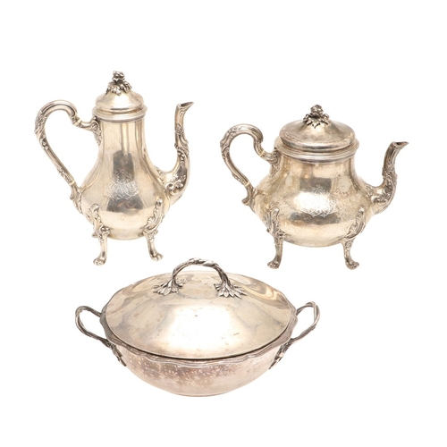 94 - A 19TH CENTURY FRENCH SILVER TEA POT, COFFEE POT AND LIDDED SERVING DISH. The teapot and coffee pot ... 