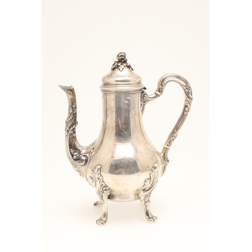 94 - A 19TH CENTURY FRENCH SILVER TEA POT, COFFEE POT AND LIDDED SERVING DISH. The teapot and coffee pot ... 