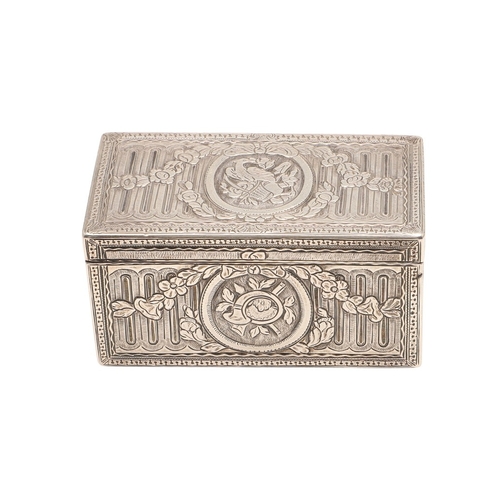 95 - A FRENCH SILVER SNUFF BOX. Rectangular form, with floral and bird medallions between garlands of flo... 