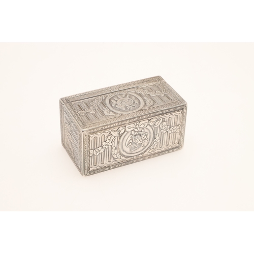 95 - A FRENCH SILVER SNUFF BOX. Rectangular form, with floral and bird medallions between garlands of flo... 