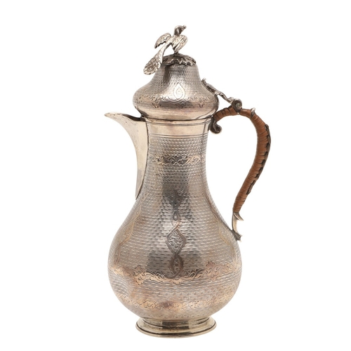 96 - A TURKISH SILVER COFFEE POT. Of baluster form, engine turned and engraved decoration, the hinged top... 