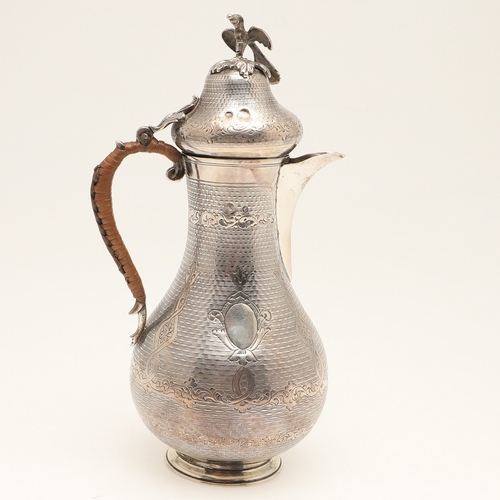 96 - A TURKISH SILVER COFFEE POT. Of baluster form, engine turned and engraved decoration, the hinged top... 