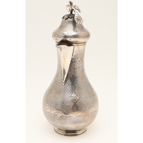 96 - A TURKISH SILVER COFFEE POT. Of baluster form, engine turned and engraved decoration, the hinged top... 